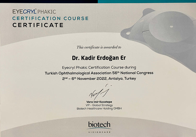 Eyecryl Phakic sertifikası — Dr. Kadir Erdoğan Er
